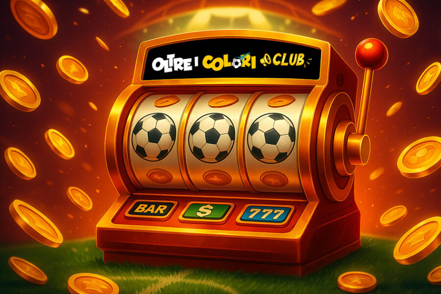 Slot machine con sfondo pallone da calcio e monete d’oro che fluttuano, simbolo dell’unione tra scommesse sportive e giochi da casinò.