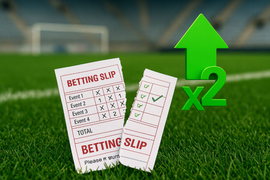 Martigala Torn betting slip on a soccer field with a green upward arrow and "x2" symbol, representing the Martingale betting strategy.