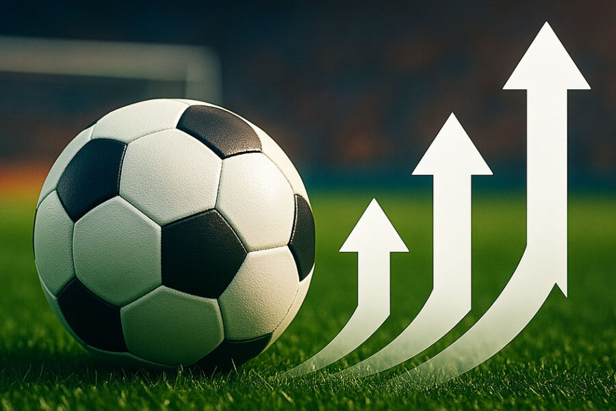 Pallone da calcio su un campo verde con frecce verso l’alto che simboleggiano l’aumento delle quote nelle scommesse sportive.