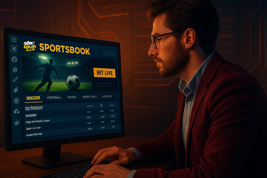 Scommesse antepost Uomo con occhiali davanti al computer che naviga su un sito di scommesse sportive, concentrato sulle quote antepost.