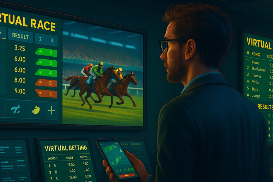 Scommesse Virtuali Uomo in piedi in una sala scommesse che osserva un grande monitor con una corsa di cavalli virtuale in stile videogioco, circondato da luci e schermi digitali.