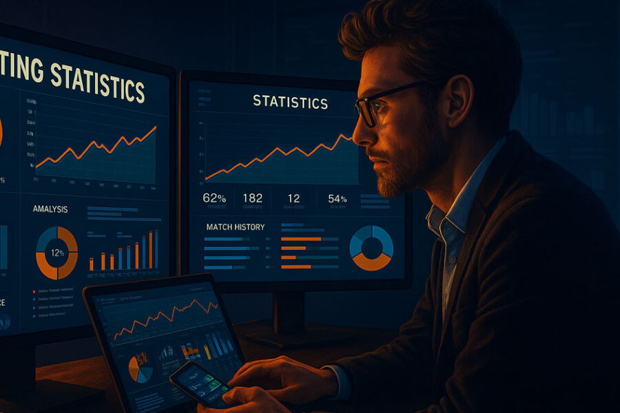 Uomo seduto alla scrivania davanti a tre schermi che mostrano grafici e statistiche sulle scommesse sportive, con laptop e smartphone in mano.