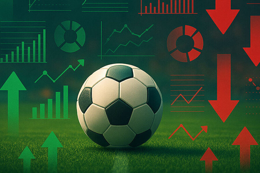 Value bet Pallone da calcio al centro di un campo verde circondato da frecce verdi e rosse che indicano dati statistici e variazioni di quota.