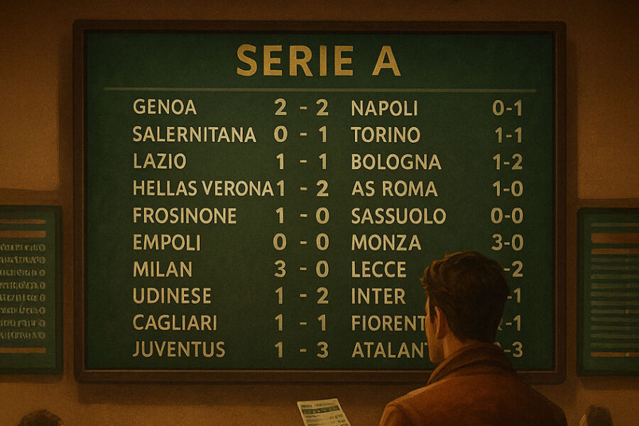 Illustrazione digitale di una sala scommesse con un grande monitor centrale che mostra i risultati della Serie A, circondato da scommettitori seduti, mentre un uomo in primo piano osserva una schedina.