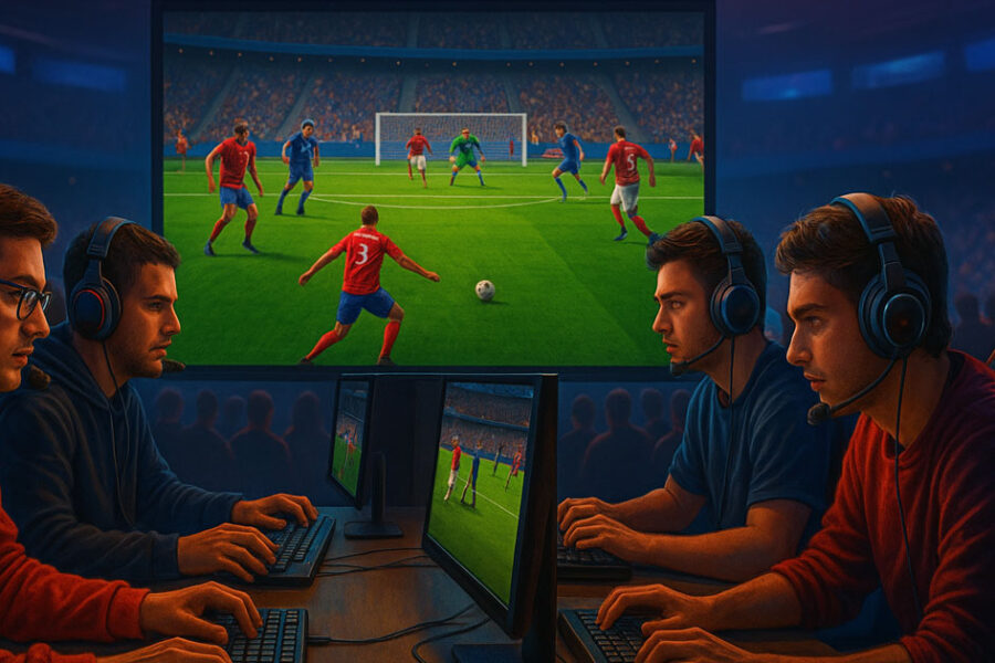 Quattro giocatori di eSports seduti a postazioni di gioco, con cuffie e tastiere, intenti a giocare a un videogioco di calcio; sullo sfondo un grande monitor mostra una partita virtuale in corso, in un’arena affollata.