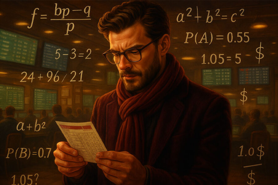 Illustrazione realistica di un uomo in una sala scommesse, con in mano una schedina di gioco e attorno formule matematiche e calcoli, illuminato da luci calde.