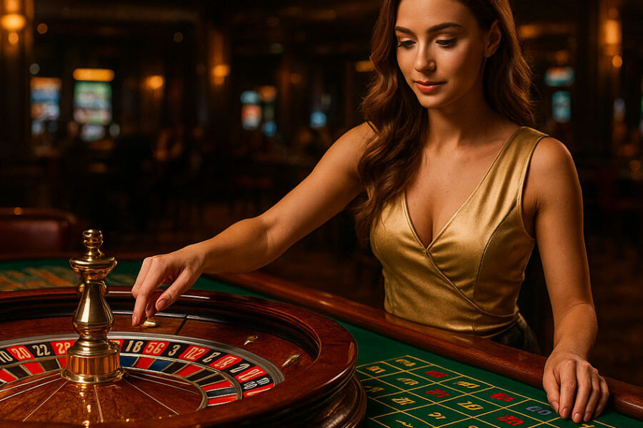 Dealer donna fa girare la roulette su un tavolo da gioco in un casinò elegante.