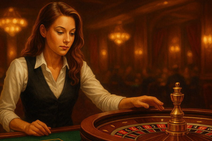 Tavolo di roulette in un casinò elegante con croupier professionista che fa girare la ruota, circondato da fiches e giocatori.