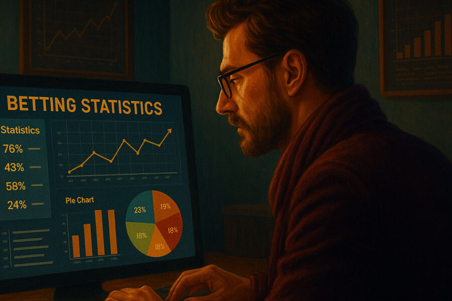 Uomo con occhiali seduto alla scrivania, concentrato su un monitor che mostra grafici e statistiche di scommesse sportive, in una stanza illuminata con toni caldi.