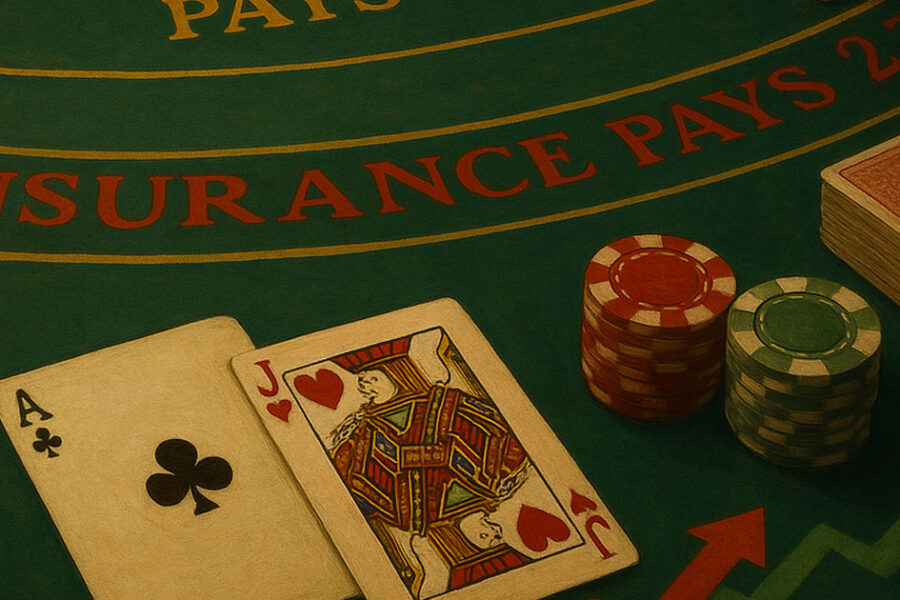 Tavolo da blackjack in un casinò elegante con carte scoperte e fiches colorate pronte per la puntata.