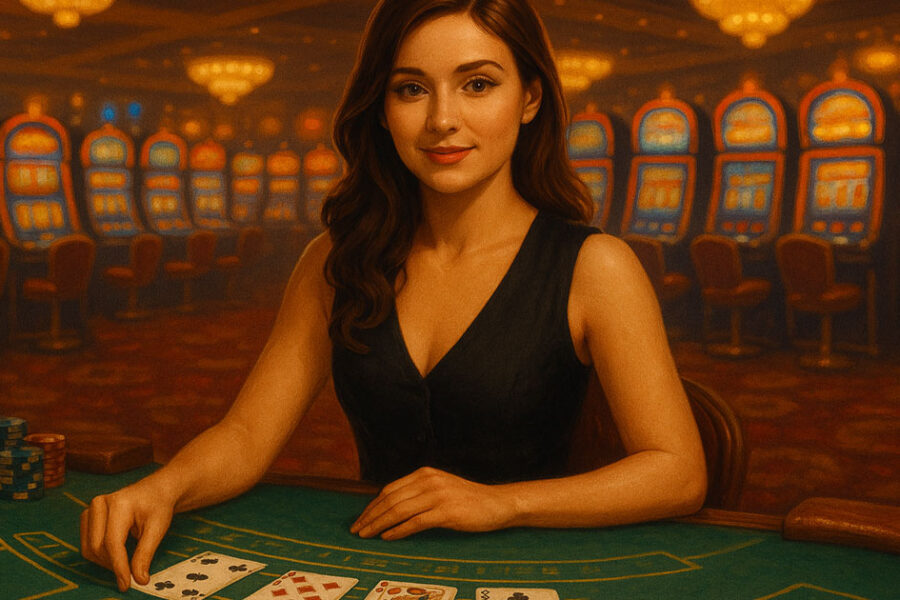 Dealer donna a un tavolo di blackjack in un casinò con slot machine illuminate sullo sfondo.