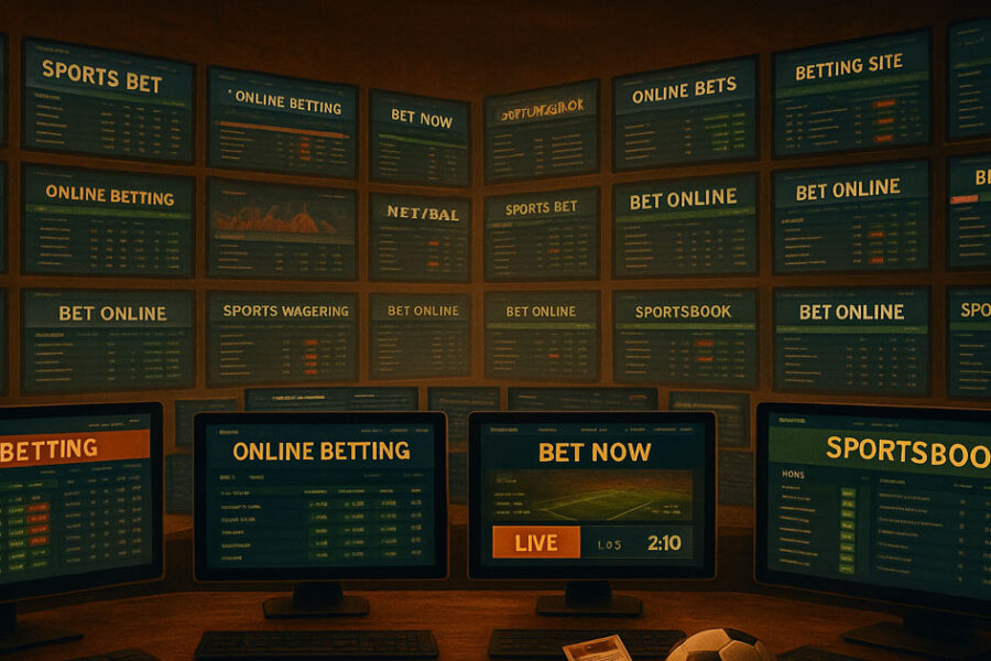 Sala di controllo con numerosi schermi accesi che mostrano siti di scommesse sportive e quote in tempo reale.