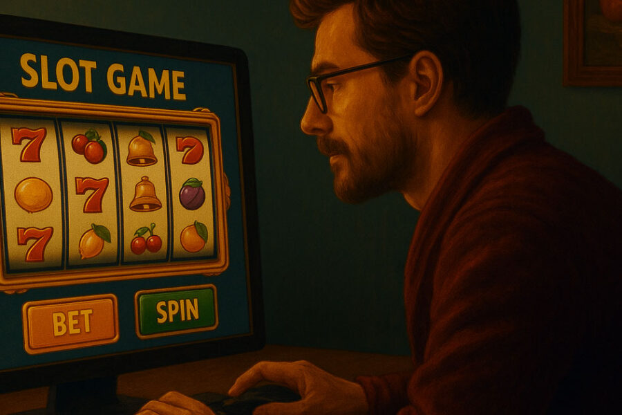 omo seduto davanti a una slot machine in modalità demo, che gioca senza utilizzare soldi reali, con atmosfera luminosa e rilassata da casinò online.