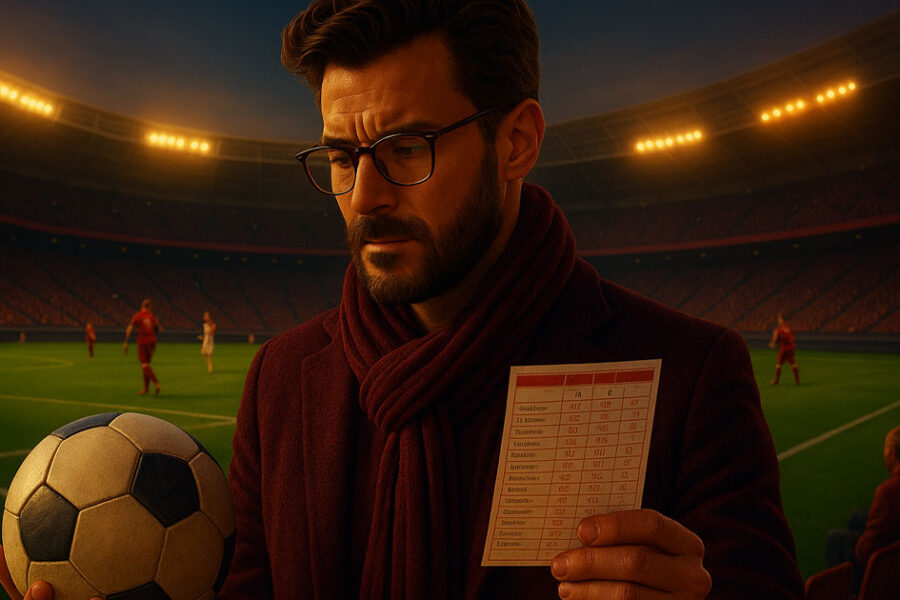 Uomo in piedi su un campo da calcio con un pallone in una mano e una schedina di scommesse nell’altra, mentre sullo sfondo si svolge una partita.