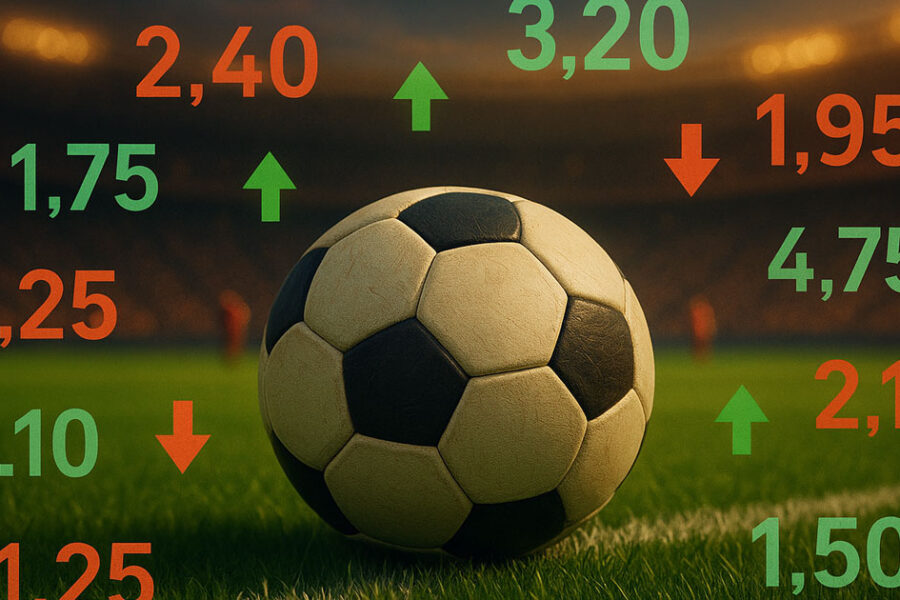 Pallone da calcio al centro del campo circondato da quote di scommesse in movimento.