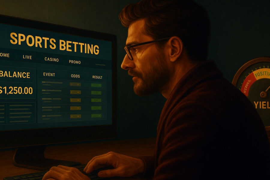 Uomo seduto al computer con un sito di scommesse aperto sullo schermo e un indicatore grafico circolare che misura lo yield delle puntate.